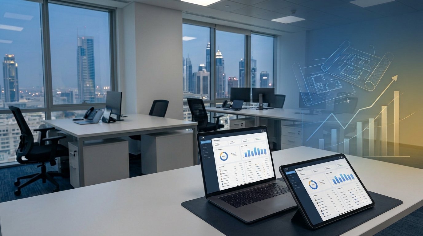 Modern UAE office overlooking the Gulf skyline, where R3 Global builds digital solutions